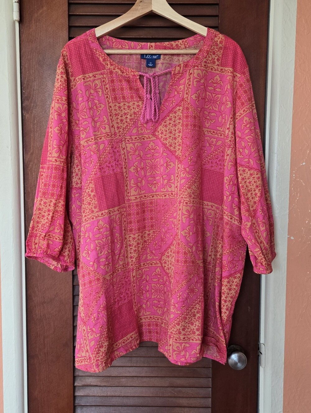Liz & Me Pink And Orange Floral Cotton Tunic  Classic Peasant Top, 2X